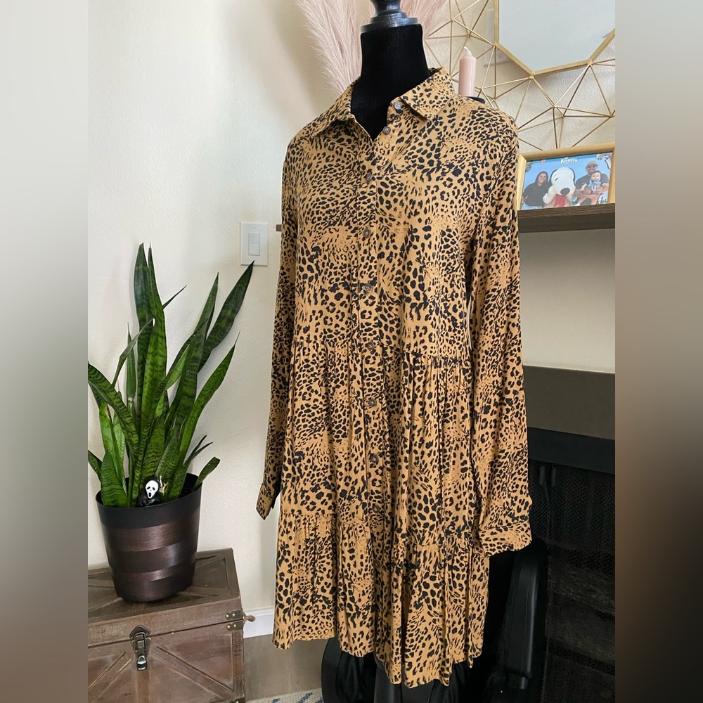 Leopard print mid length button up dress